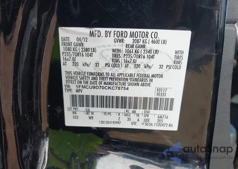 2012 Ford Escape Xlt from USA, damaged, VIN 1FMCU9D70CKC78754